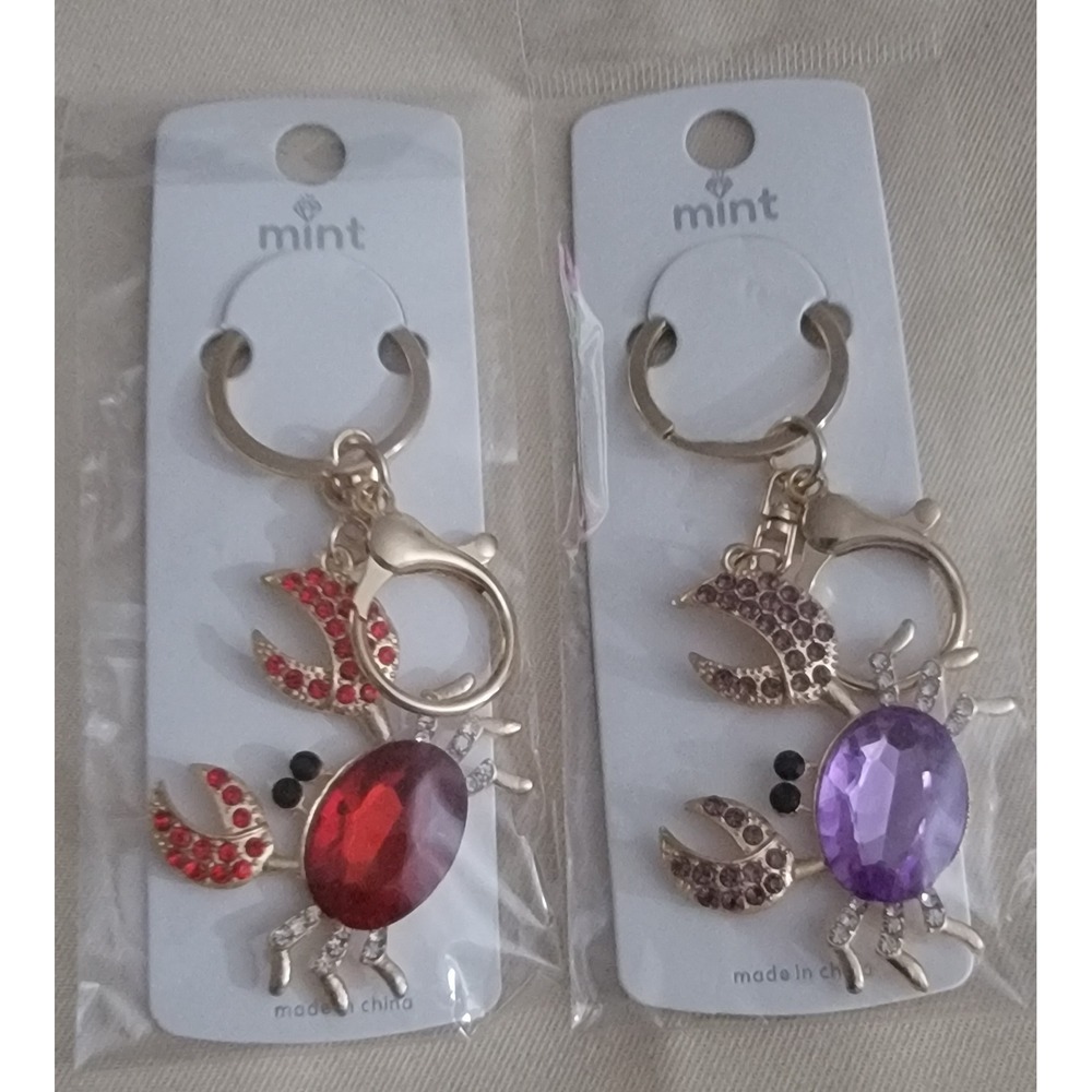 Mint Crab Rhinestone Bag Charms Keychains Red Purple Gold Tone NWT 7.00 Each‎